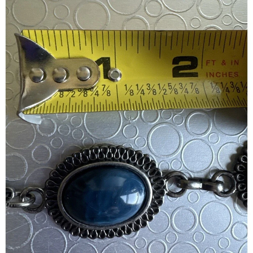 Vintage Silver Western Concho Chain Belt O/S Blue Faux Stone Cabochon Adjustable